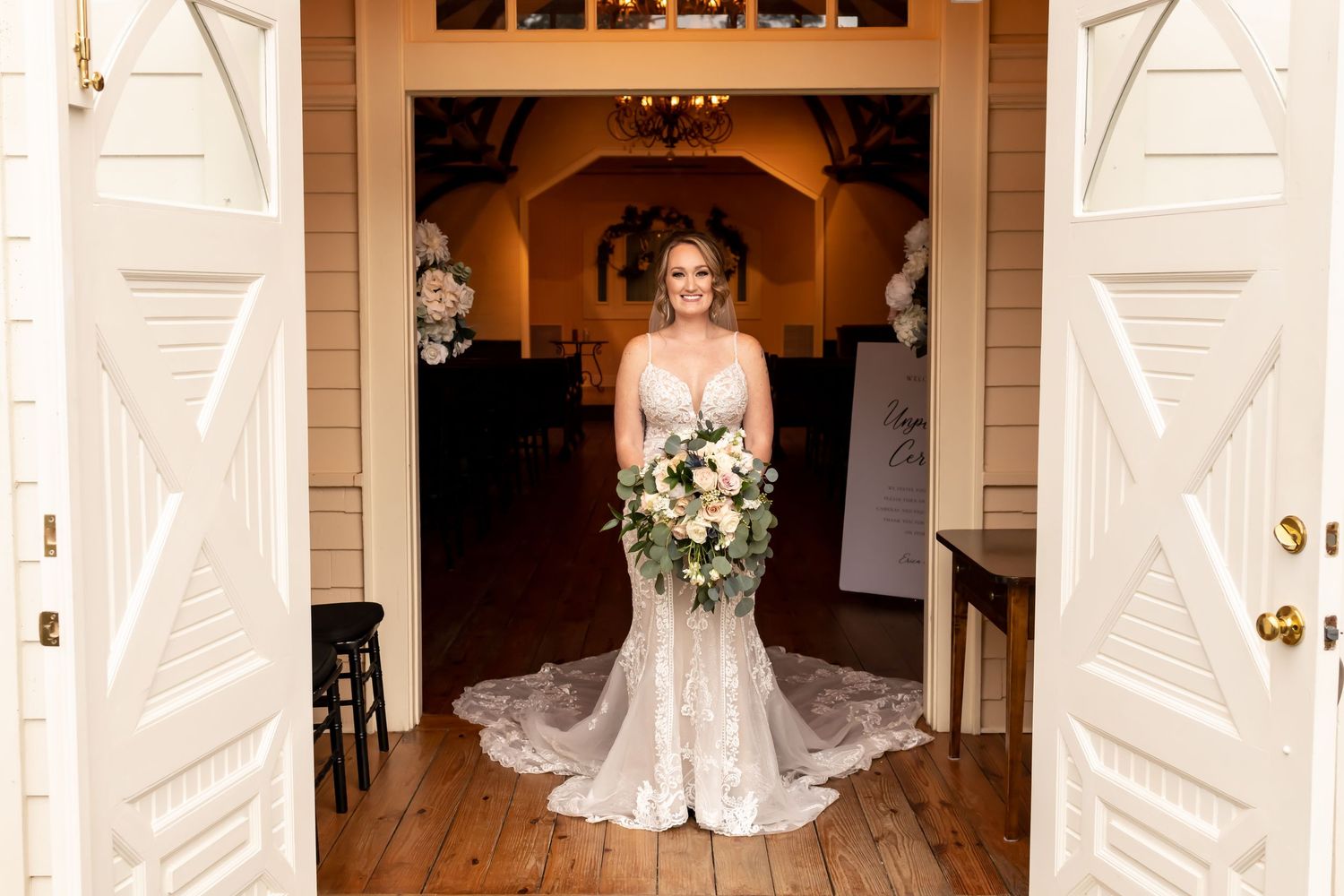 A collage of wedding photographs showing bridal details, doorways, and floral arrangements in a vintage-style venue.