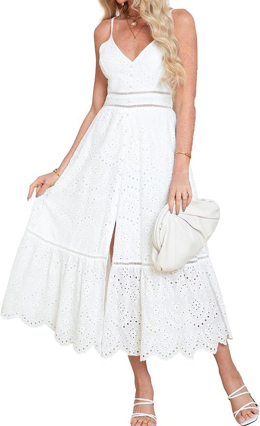 White eyelet midi dress with fit and flare silhouette and spaghetti straps shown from multiple angles.