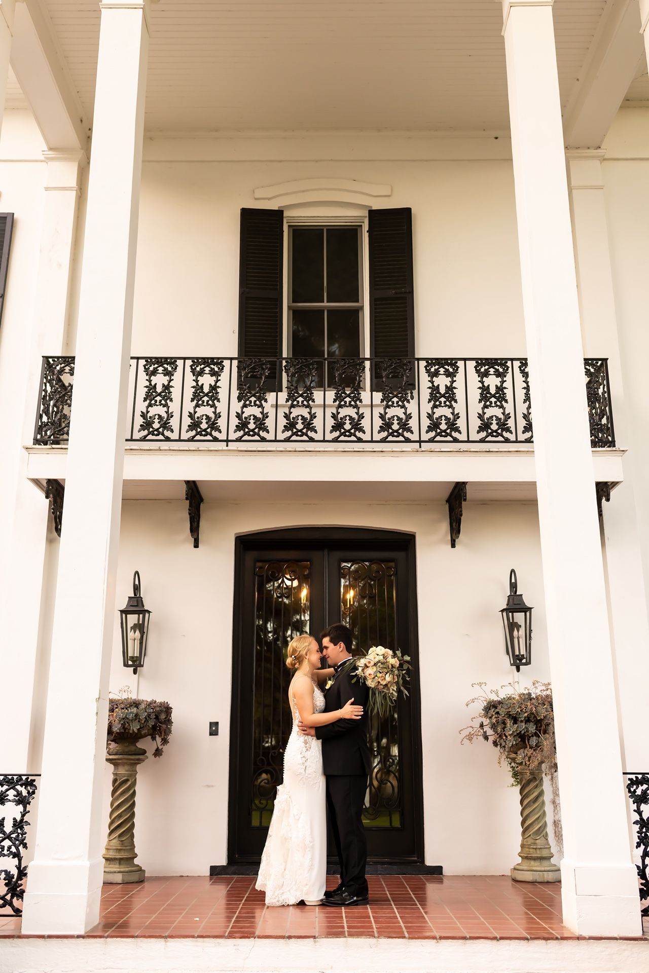 A storyboard-style wedding photo sequence showing romantic moments between a couple under a white columned porch.