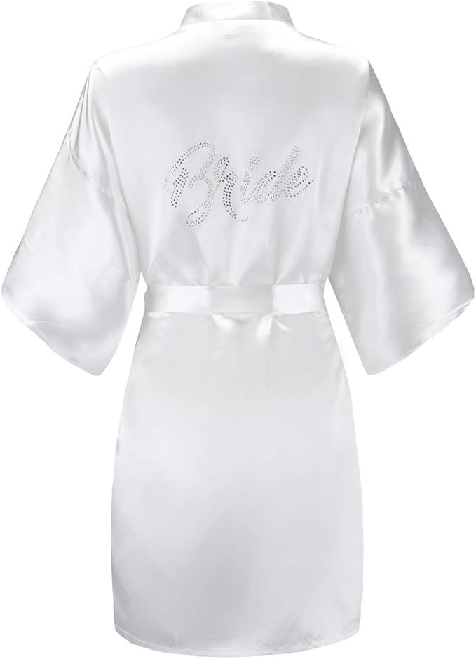 Elegant white satin robe with 'Bride' rhinestone text design and kimono-style sleeves, perfect for wedding preparations.
