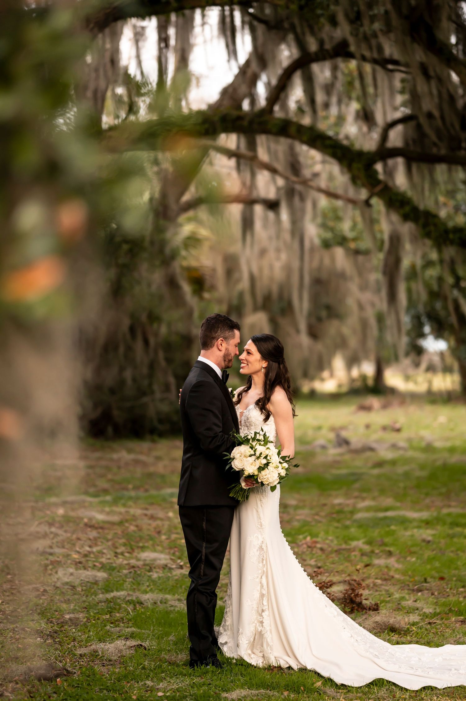 A romantic wedding photo captured beneath Spanish moss draped trees in a dreamy southern setting.
