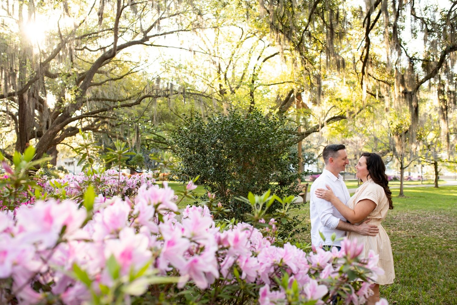 Couple embraces among pink azaleas under moss-draped oak trees in a sunlit park during a romantic engagement session.
