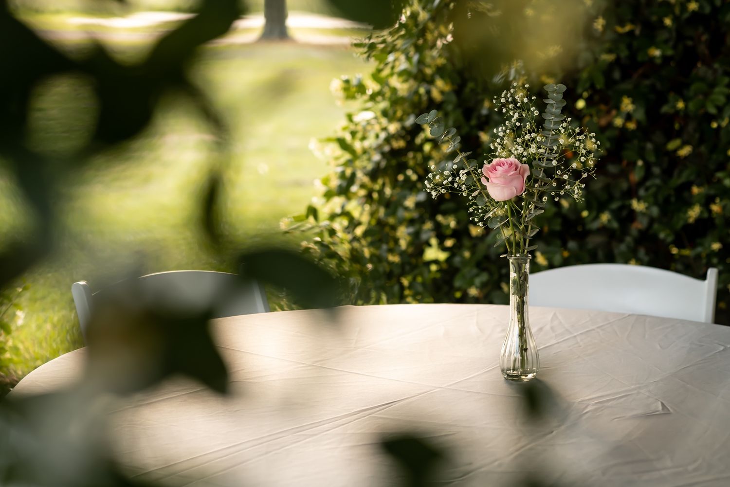 A glowing circular light fixture hangs in a garden setting with blurred green foliage in the background.