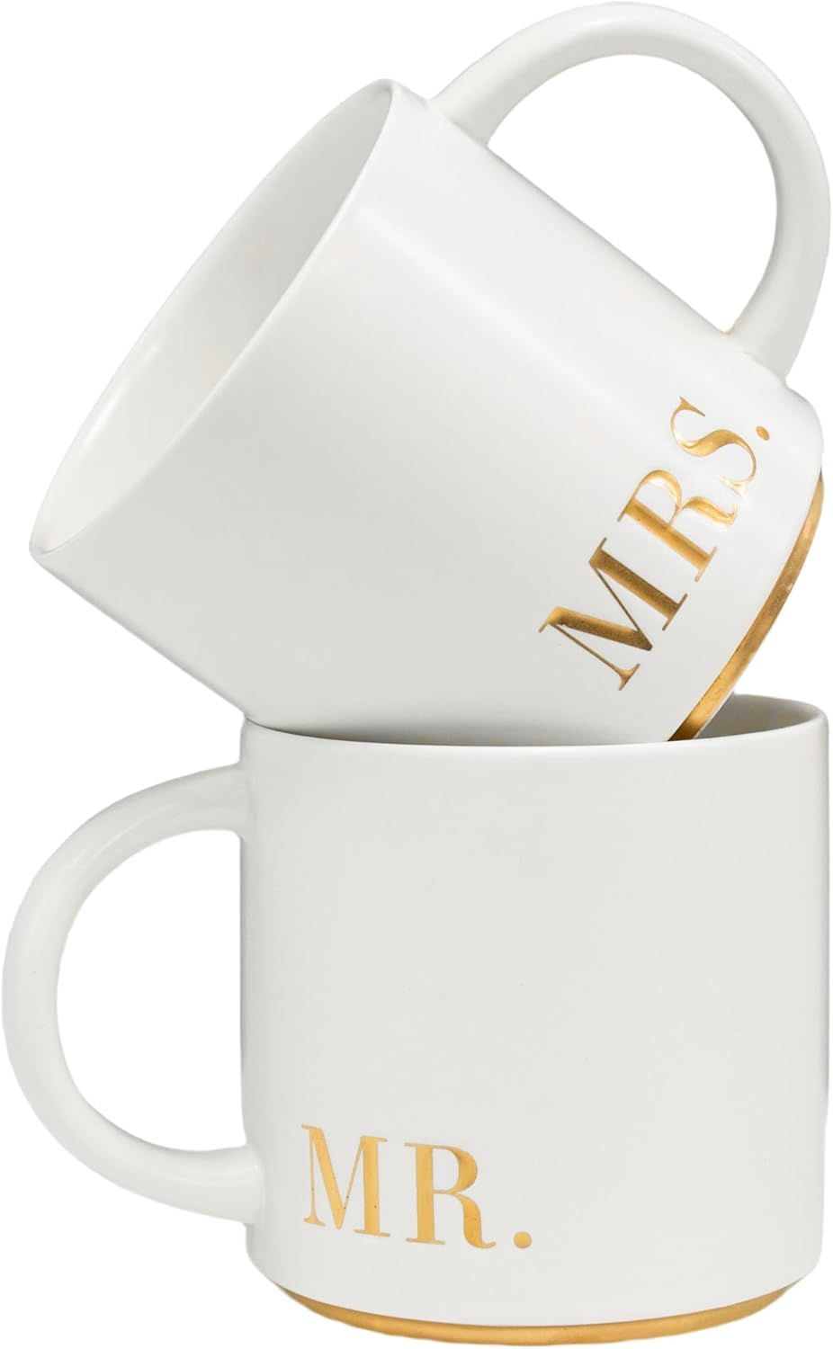 Two white ceramic coffee mugs with gold 'MR.' text stacked on top of each other, featuring metallic gold rim accents.