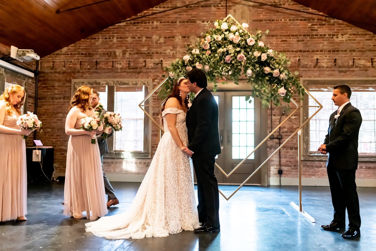 A wedding ceremony collage showing various moments in an elegant brick-walled venue with floral decorations and formal attire.