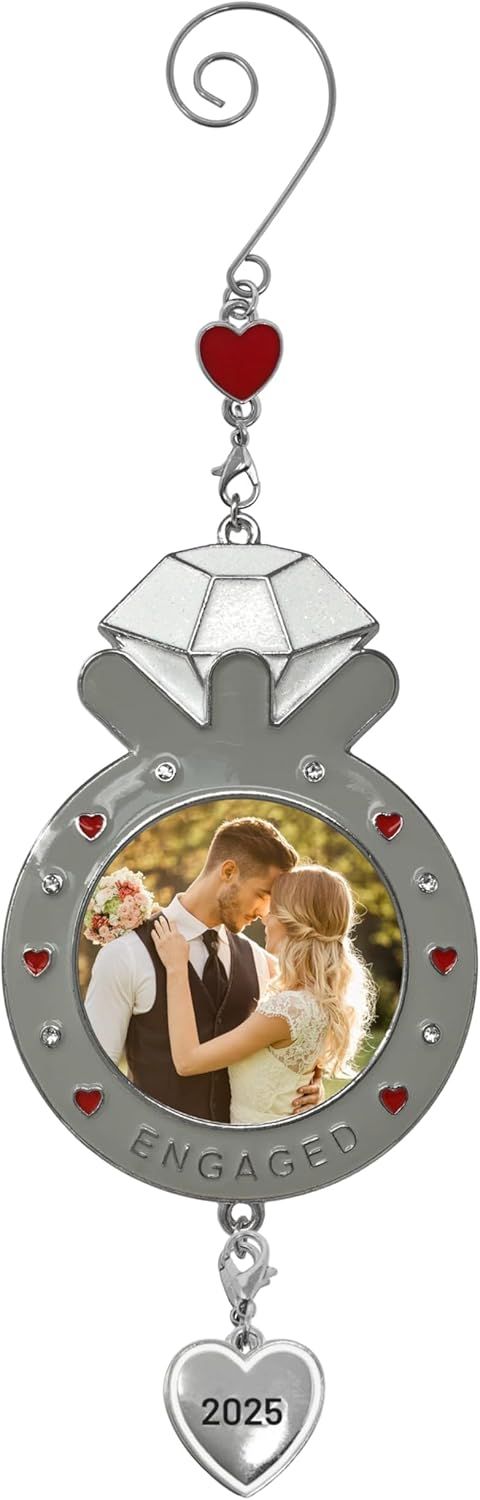 Ring-shaped ornament with red hearts and 2025 charm featuring decorative engagement design and crystal accents.