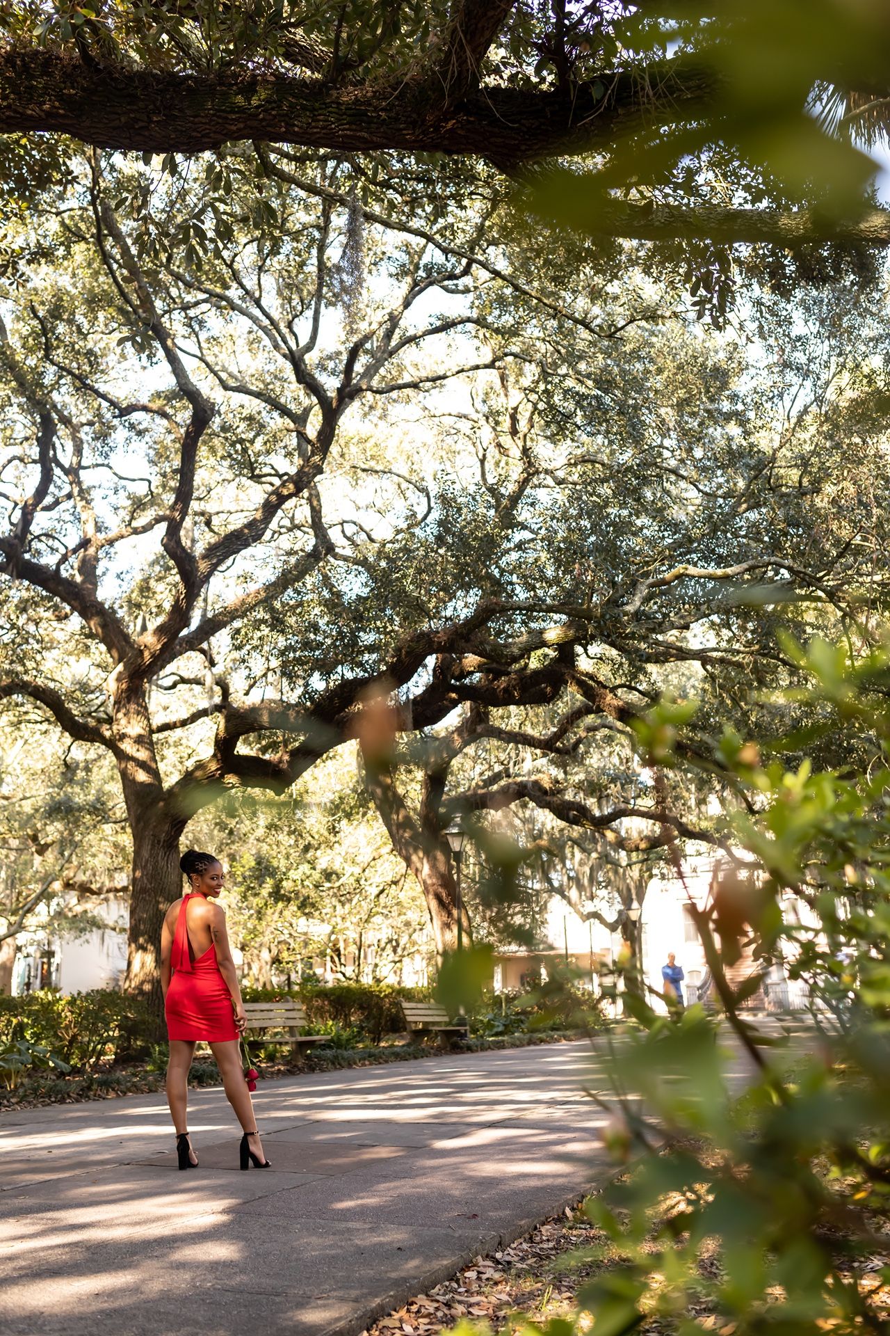 Two people walk along a sunlit path beneath sprawling live oak trees draped in spanish moss at a park.