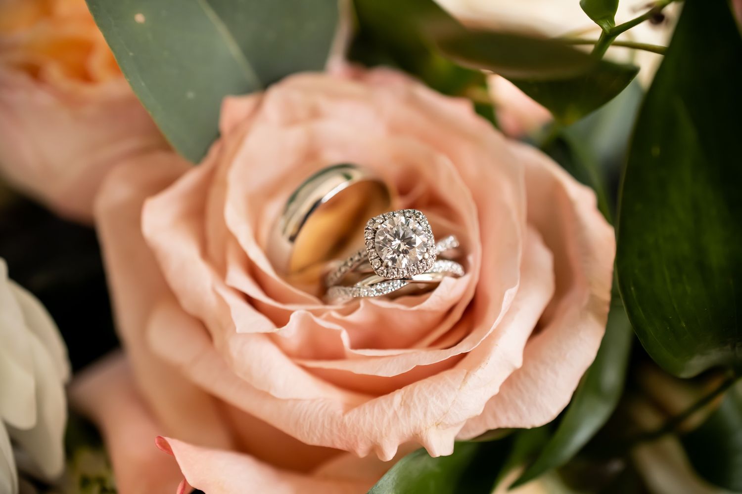 Diamond engagement ring and wedding band nestled inside a blush pink rose bloom with greenery in the background.