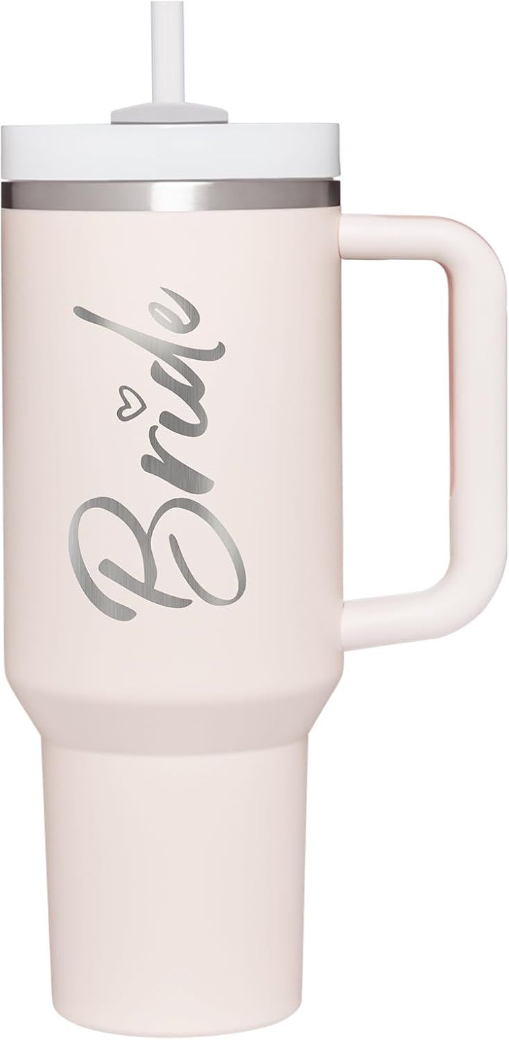 White insulated tumbler cup with straw and gray 'Bride' script lettering on a white background.