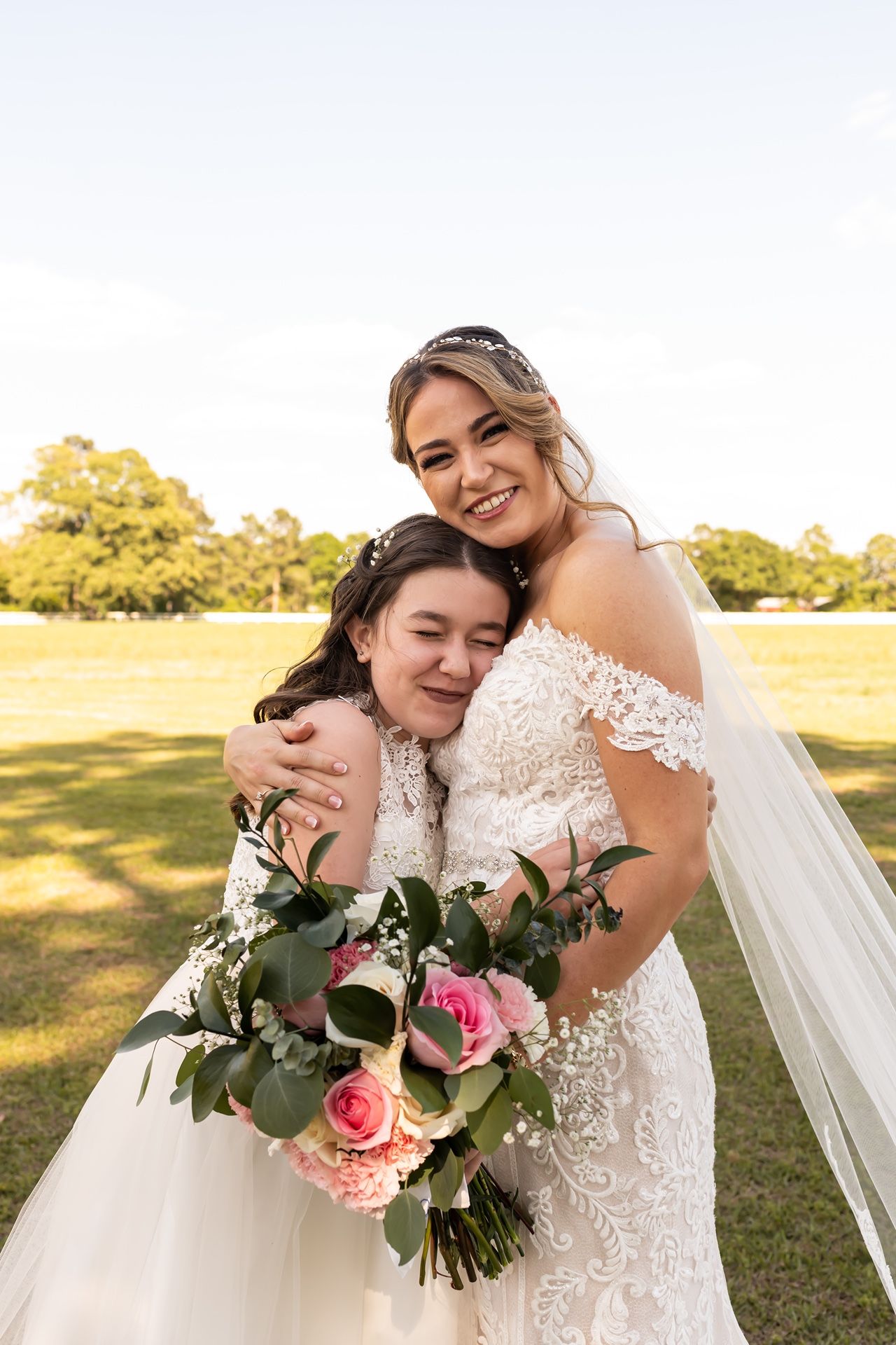 Four candid wedding photos outdoors show loving moments between two people with a beautiful floral bouquet.