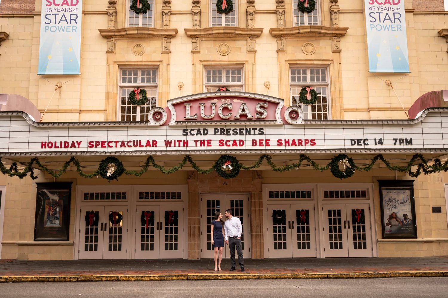 Historic Lucas Theatre with vintage marquee and ornate architectural details in downtown Savannah, Georgia.