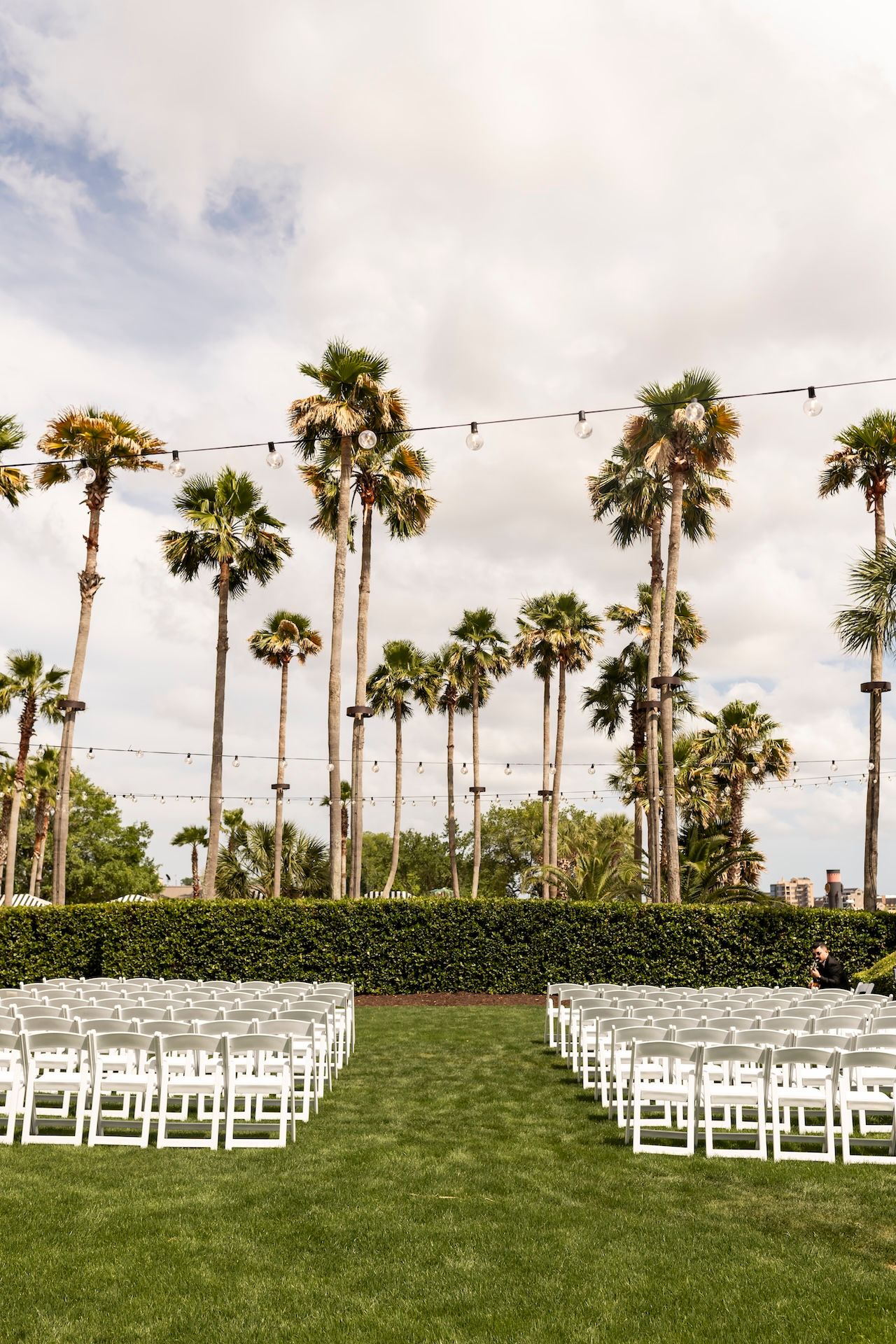Outdoor wedding ceremony setup with white chairs on green lawn, string lights, and tall palm trees under cloudy sky.