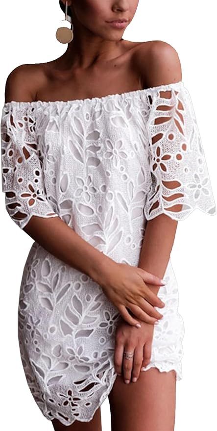 White lace off-shoulder dress with floral cutout pattern and short bell sleeves creates a romantic summer look.