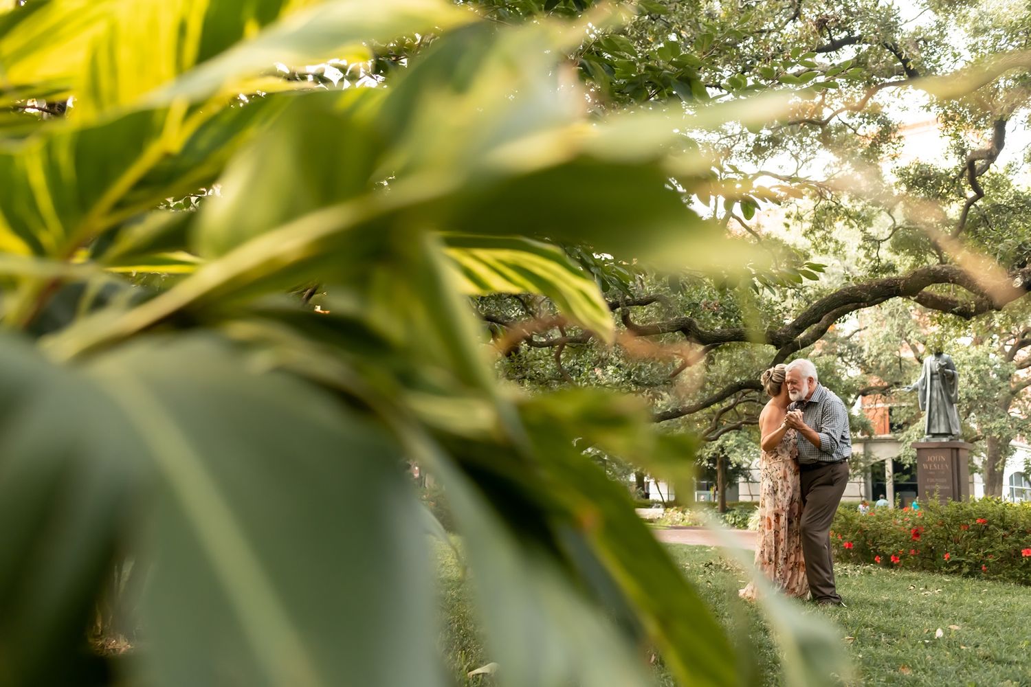 A romantic couple embraces in a garden setting with lush foliage in the foreground.