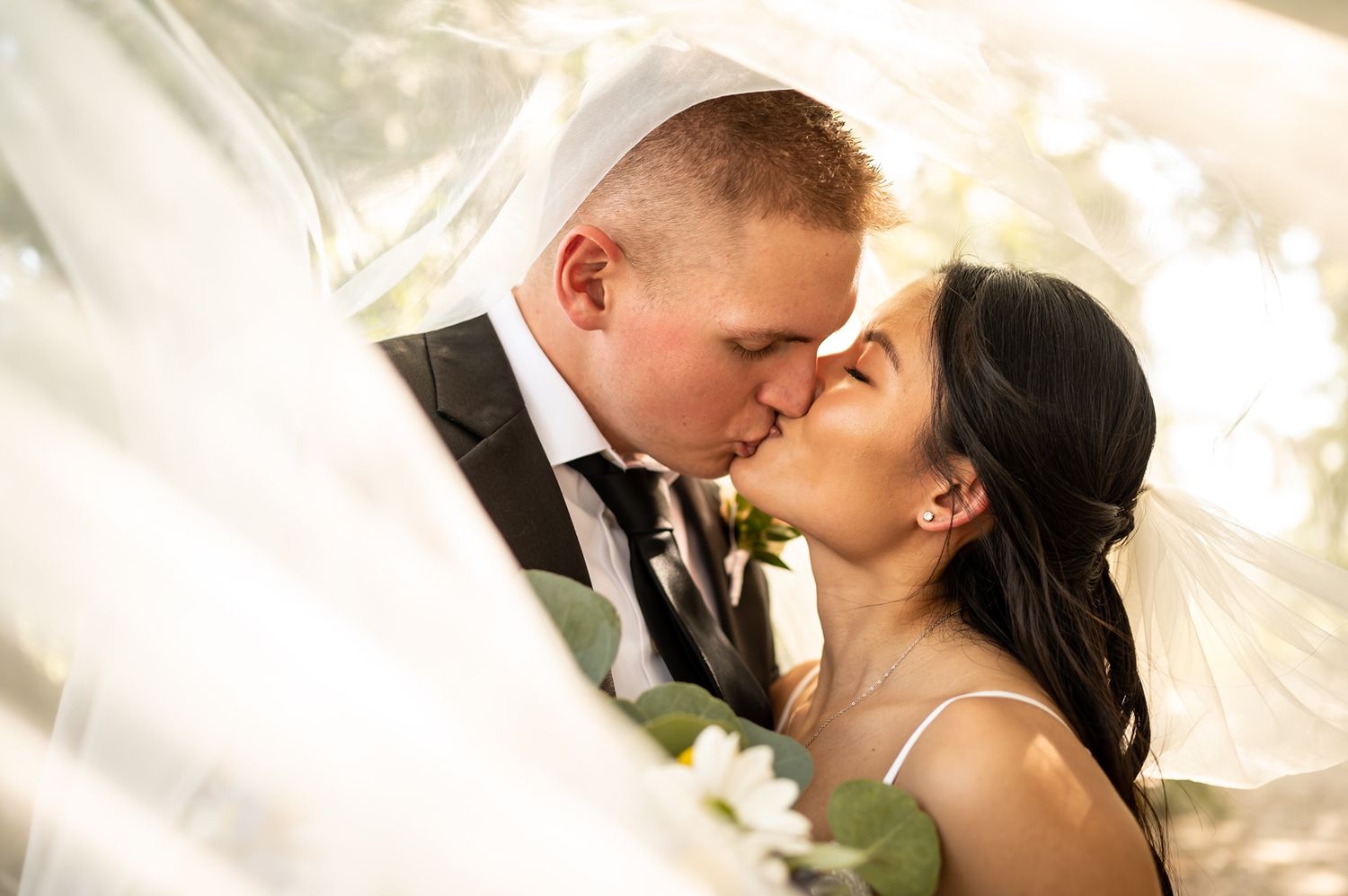 A romantic wedding photography collage showing intimate kisses between the newlyweds in soft, dreamy lighting.