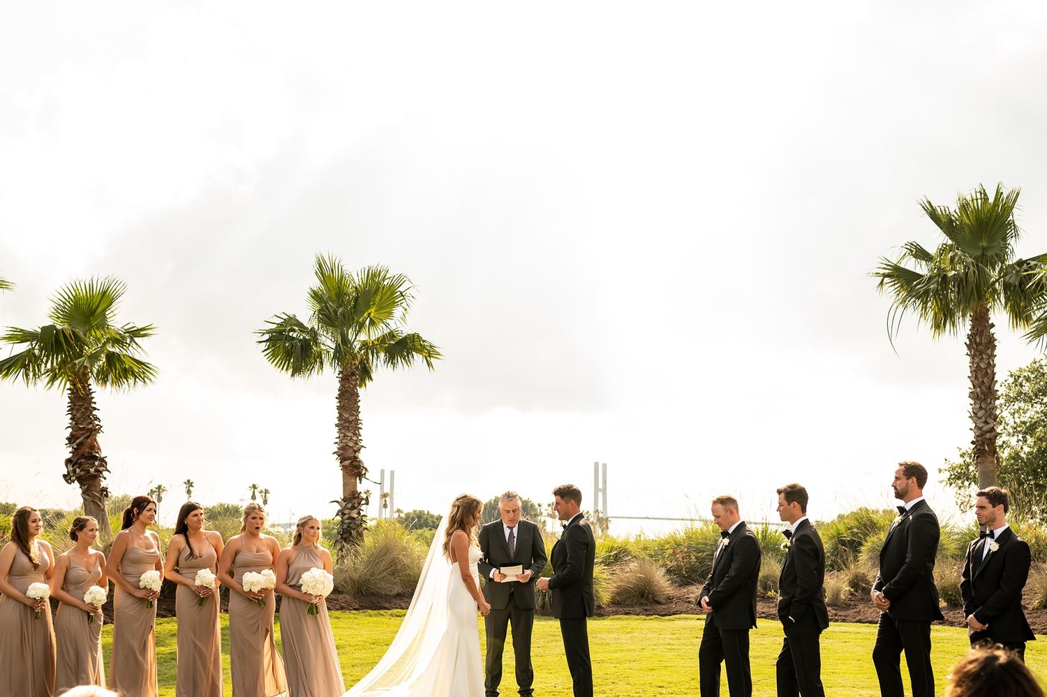 Tropical outdoor wedding ceremony with palm trees backdrop and bridal party lined up on green grass.