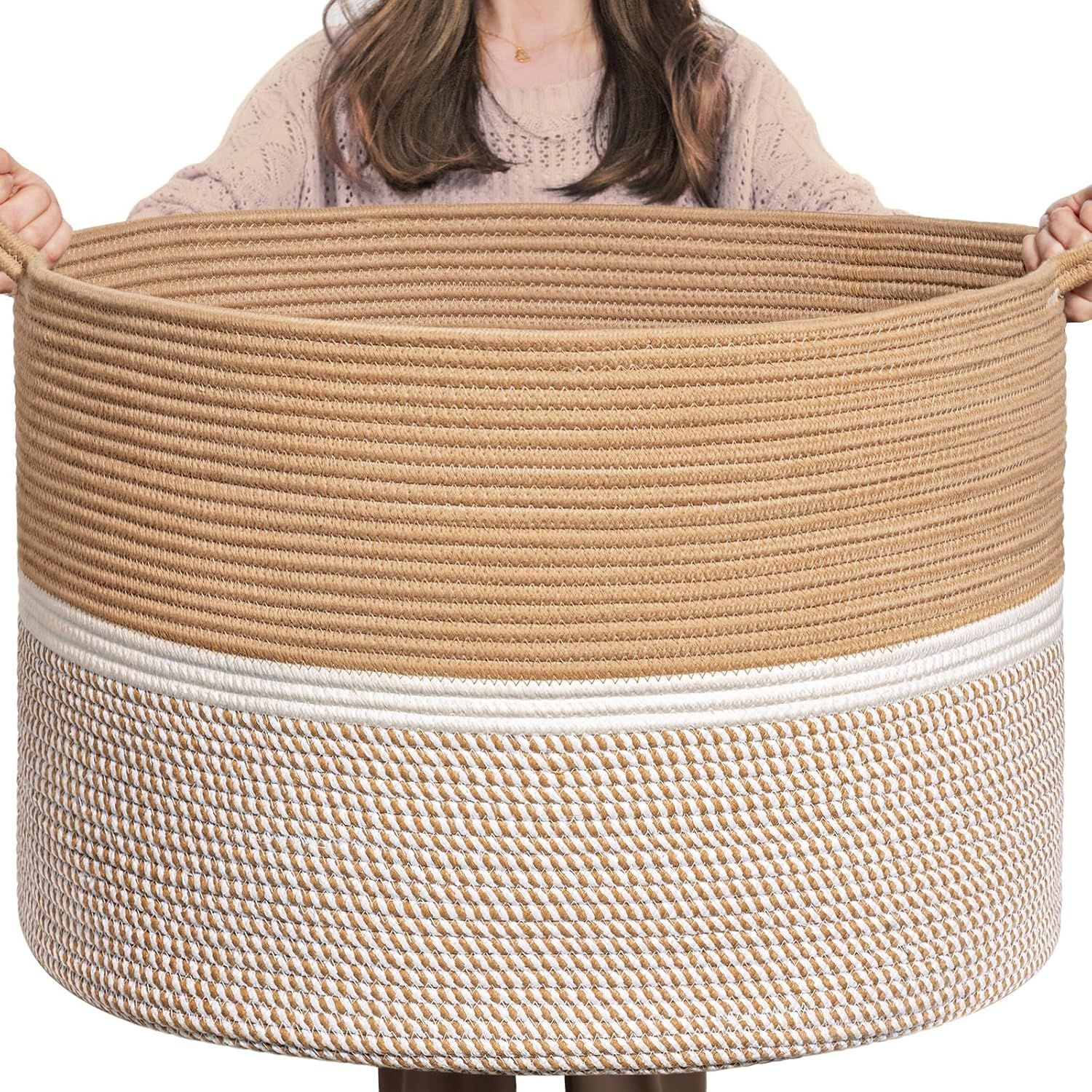 Large decorative woven cotton rope storage basket in beige and cream colors with dual textured design and visible stripes.