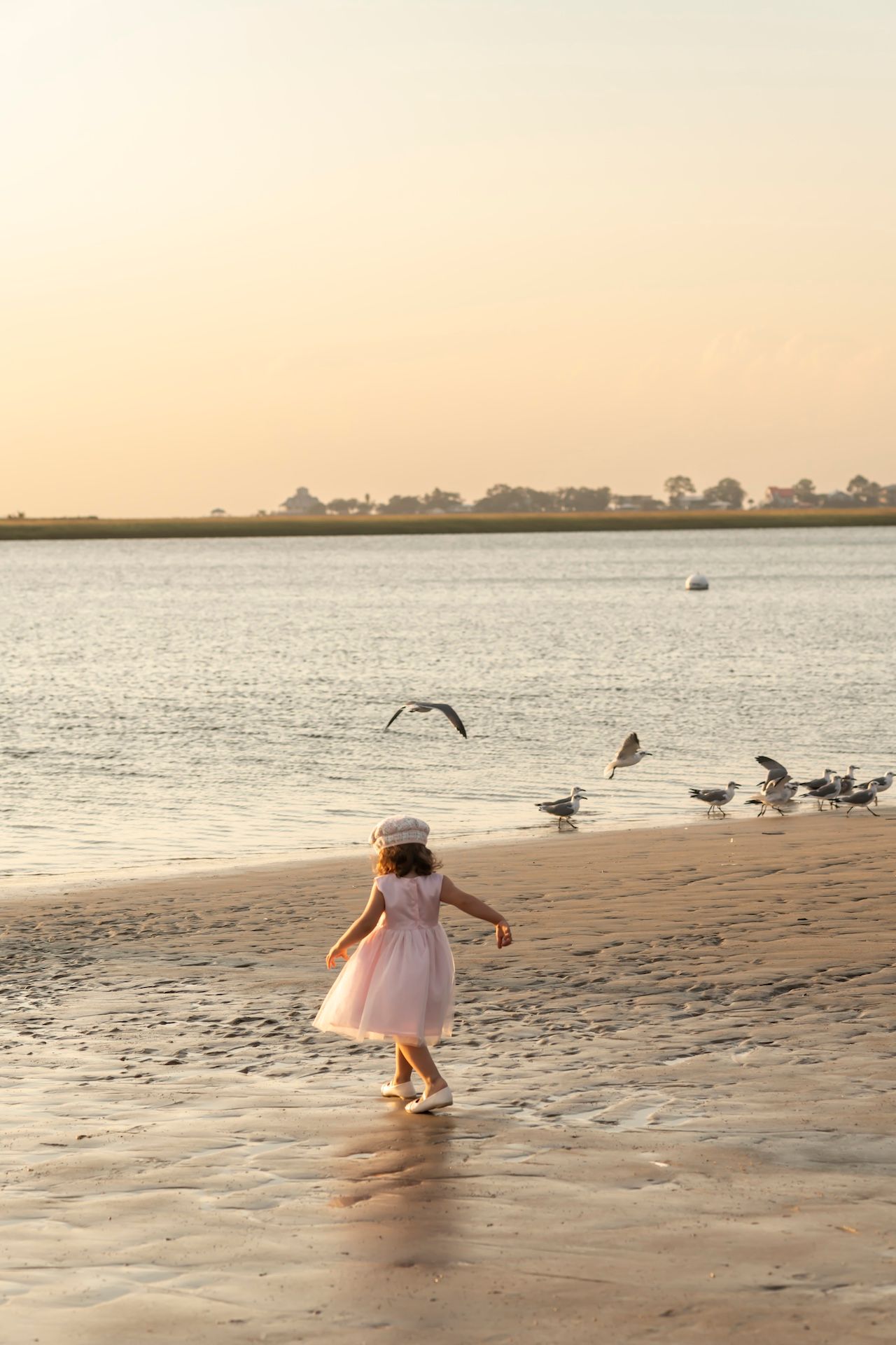 A young child in a pink dress plays on a sunset beach with seagulls flying and resting on the sand.