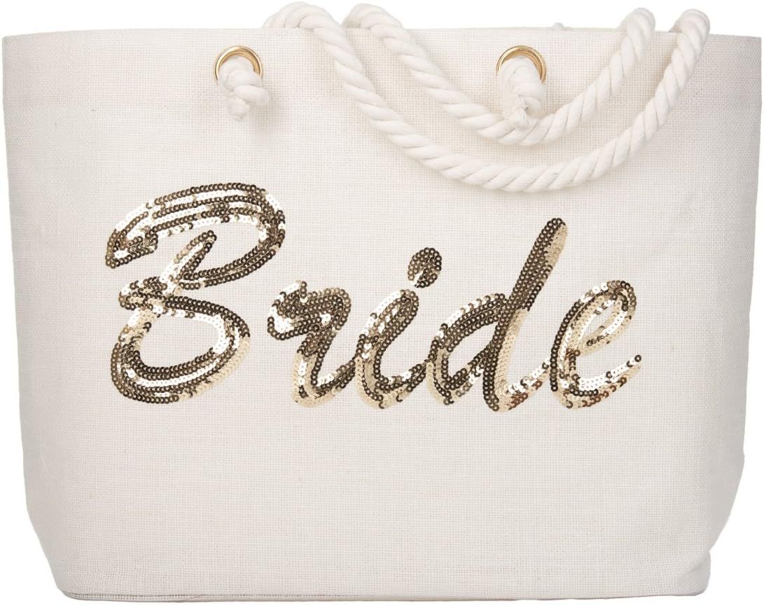 White canvas tote bag with 'Bride' text written in sparkly gold glitter script design and rope handles.