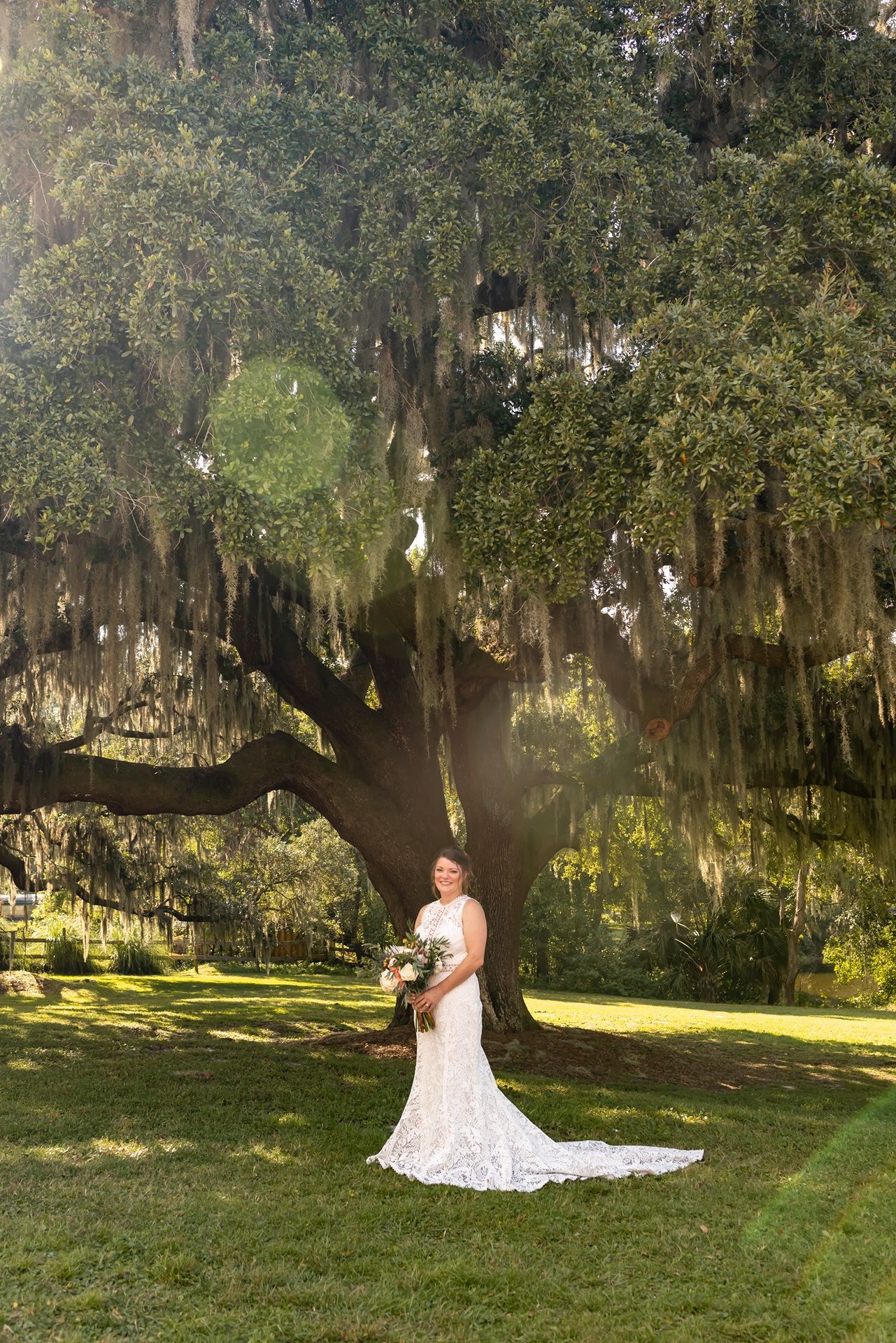 A serene garden setting with Spanish moss draped oak trees and lush green grass creates a dreamy outdoor backdrop.
