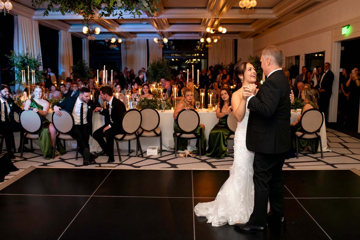A sequence of wedding reception photos showing guests dancing and celebrating in an elegant indoor venue with warm lighting.