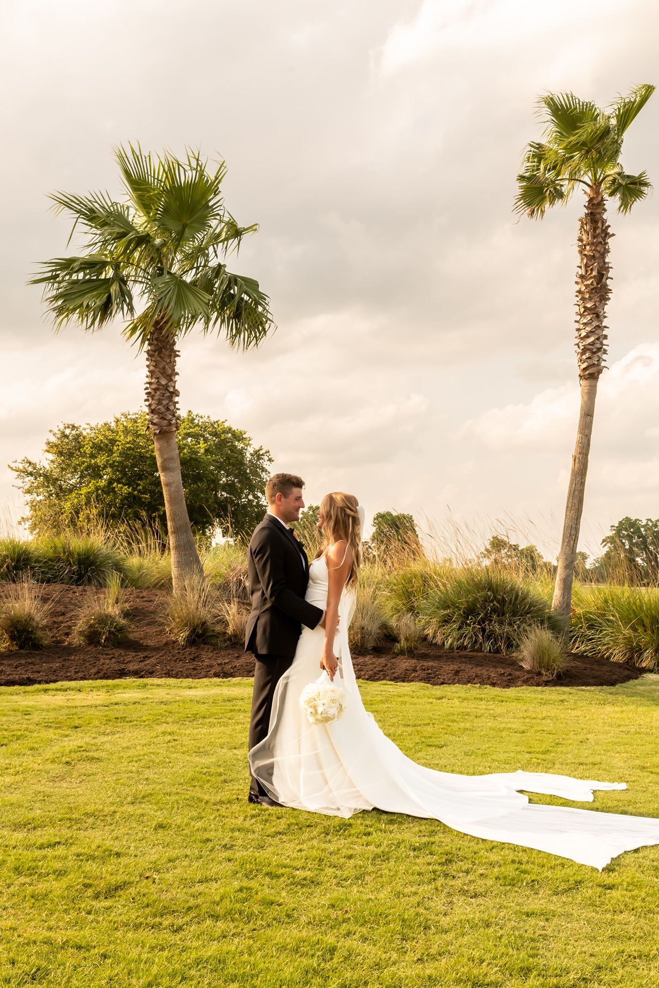 Couple shares romantic moment on green lawn with tall palm trees and warm sunset lighting in tropical outdoor setting.