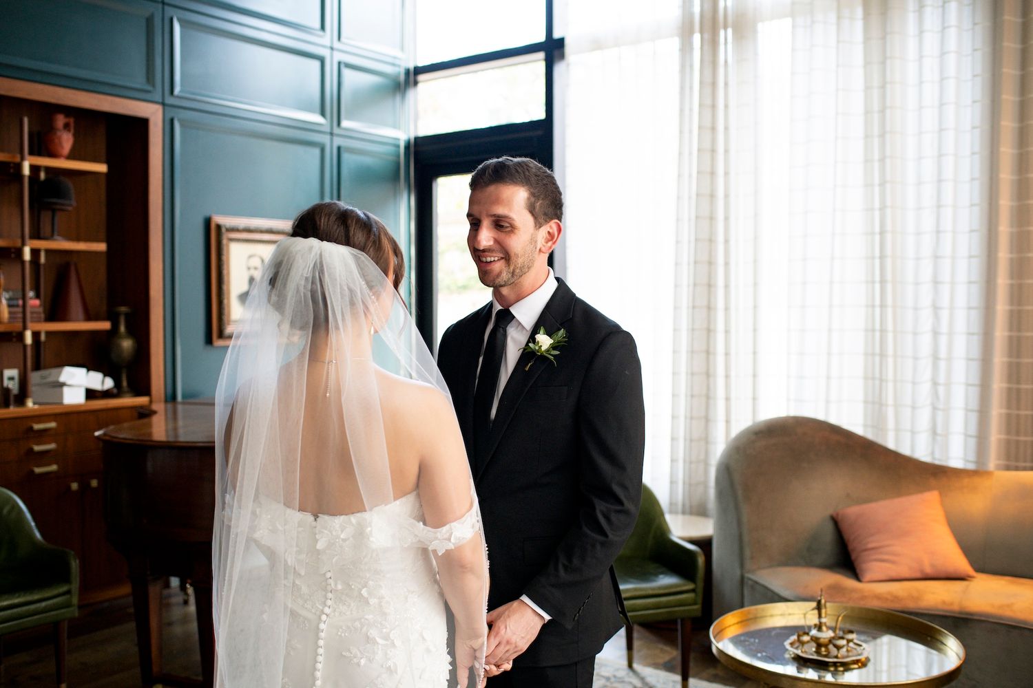 A wedding photo collage showing intimate moments between a couple during their ceremony and reception.