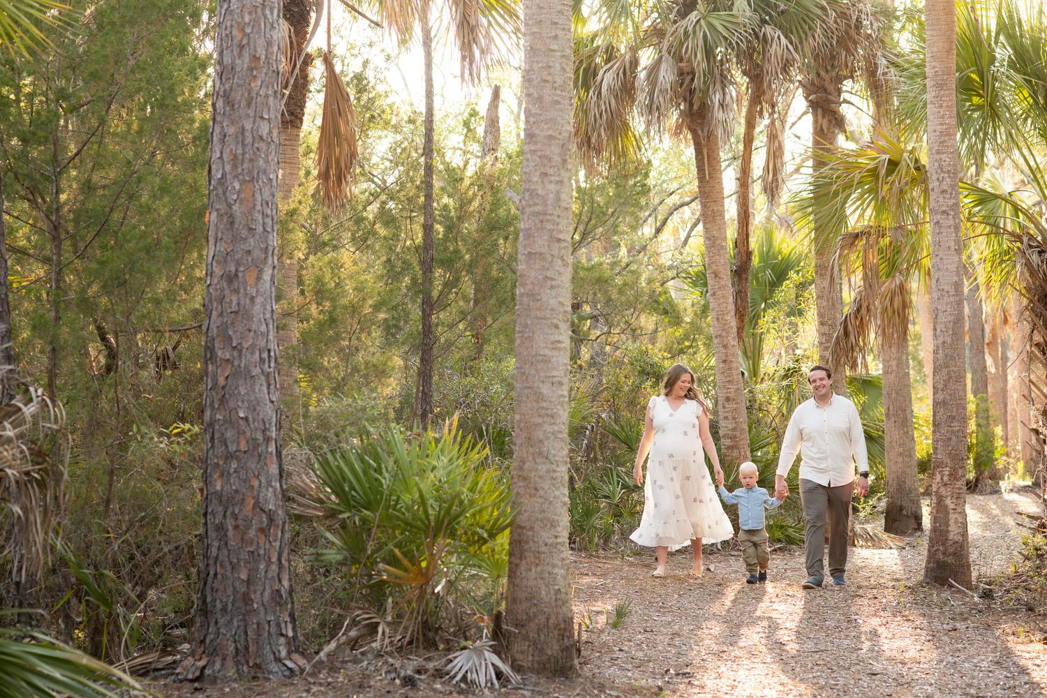 Family of three walking hand-in-hand through a lush palm tree forest on a sunny day.