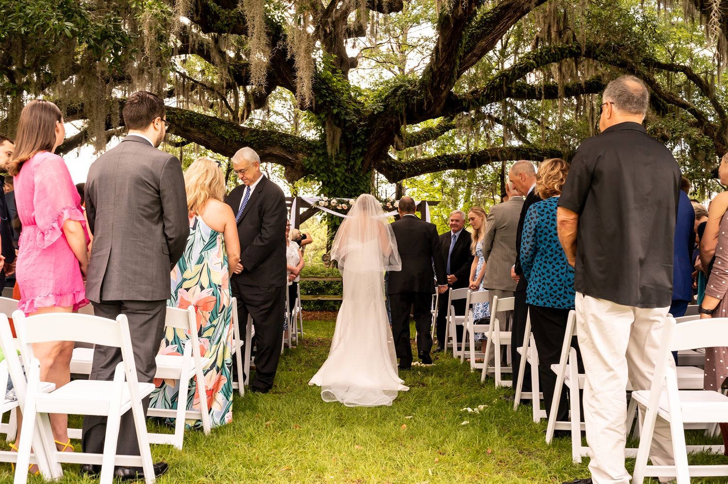 Outdoor wedding ceremony under oak trees with white folding chairs and guests standing in a garden setting.