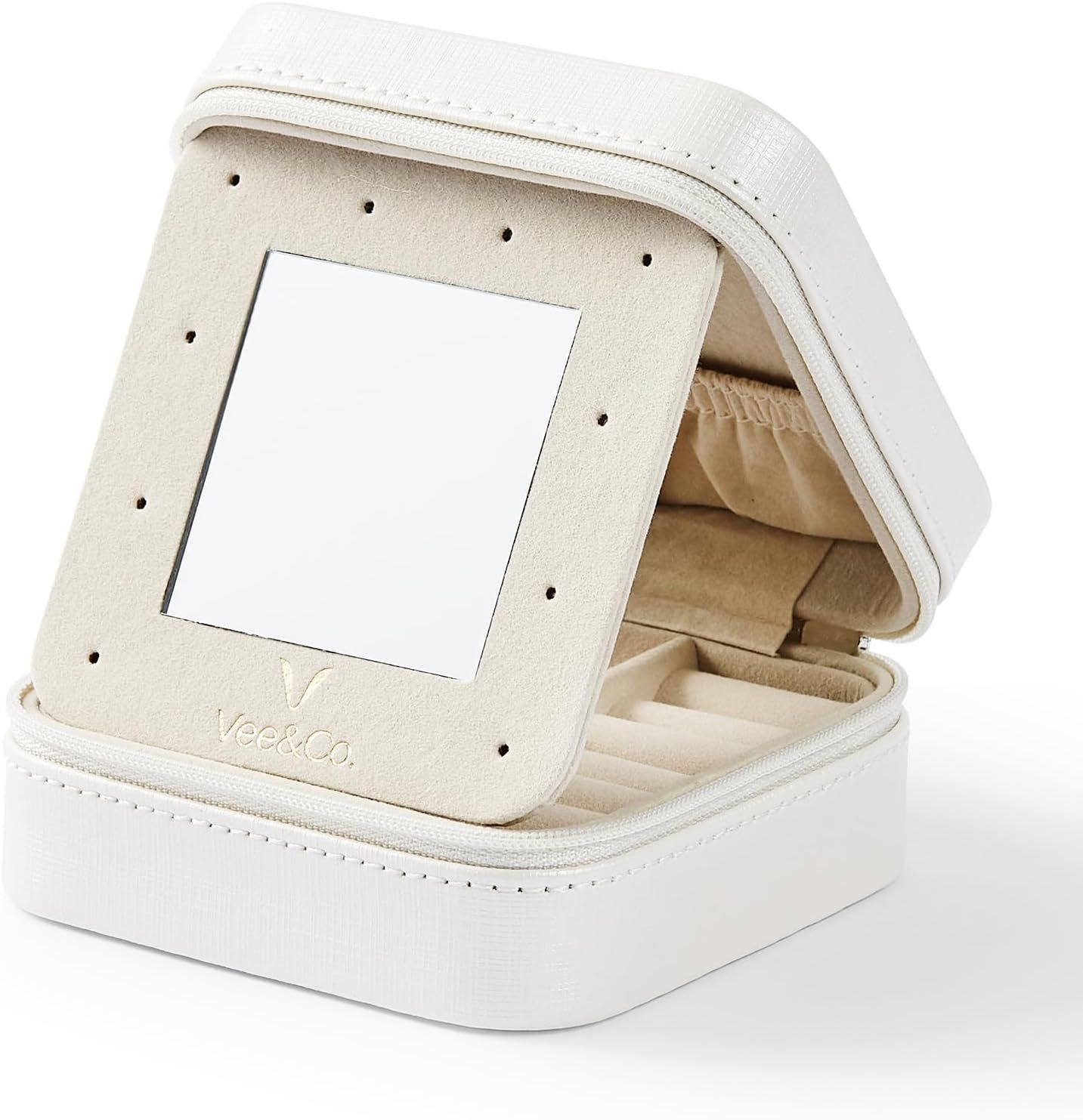 A white leather travel jewelry box with mirror and beige interior compartments for organizing accessories.