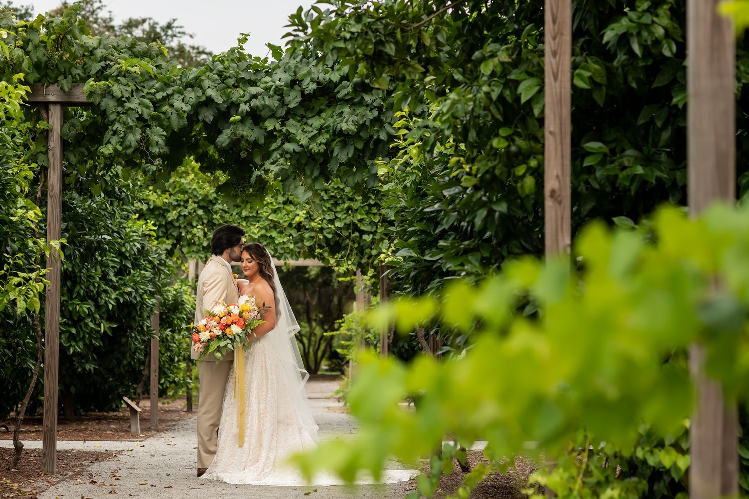 A couple shares a romantic moment in a lush garden setting with green vines and wooden posts.