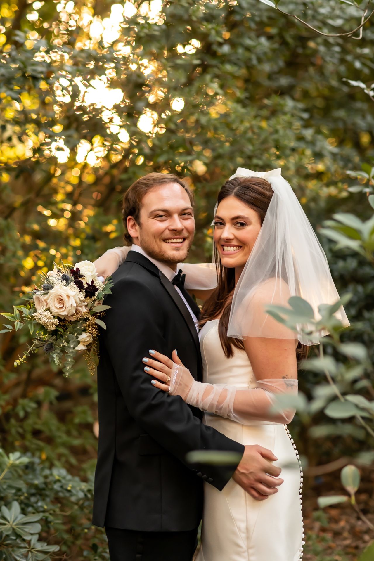 A romantic wedding photography sequence showing tender moments between newlyweds in a sunlit outdoor garden setting.