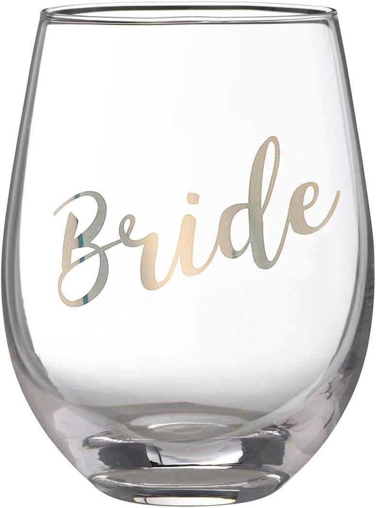 A set of clear round glass tumblers with gold script lettering for different occasions arranged in a row against a white background.