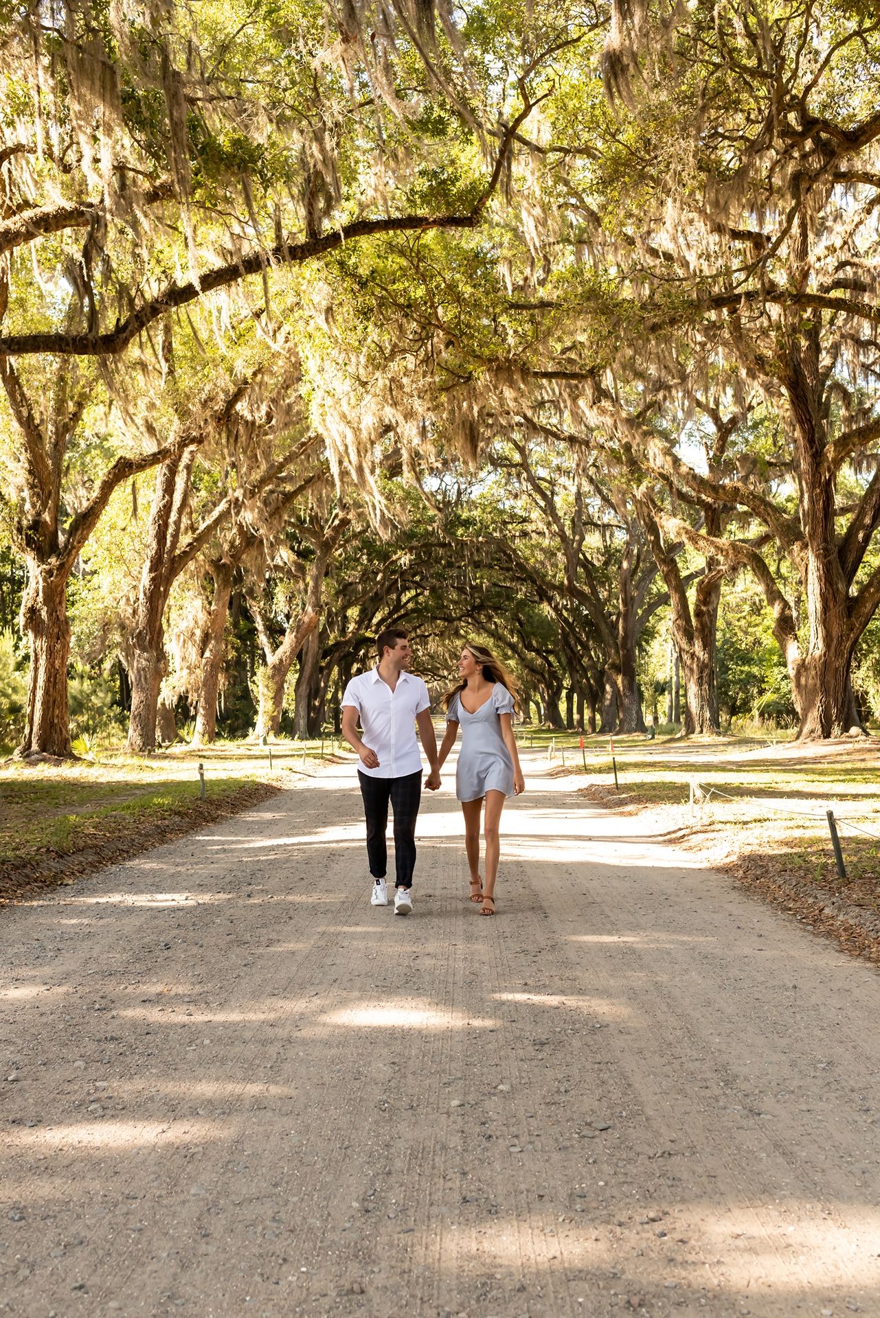 A couple walks down a picturesque dirt path lined with Spanish moss draped oak trees on a sunny day.