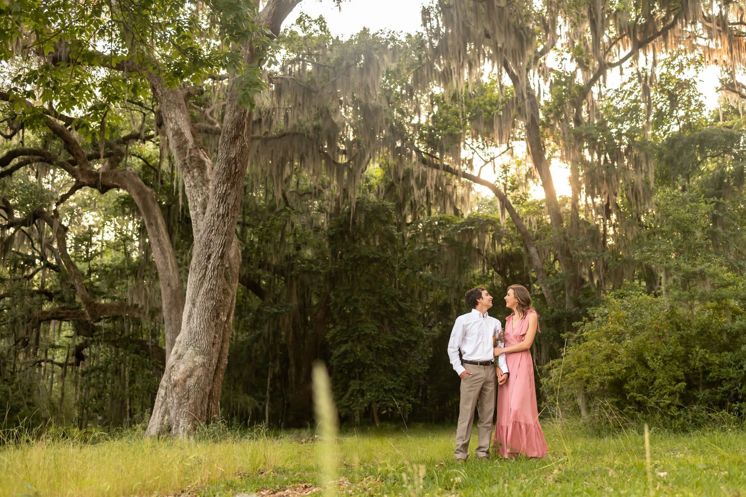 A romantic couple stands in a sunlit meadow surrounded by tall trees with Spanish moss at sunset.