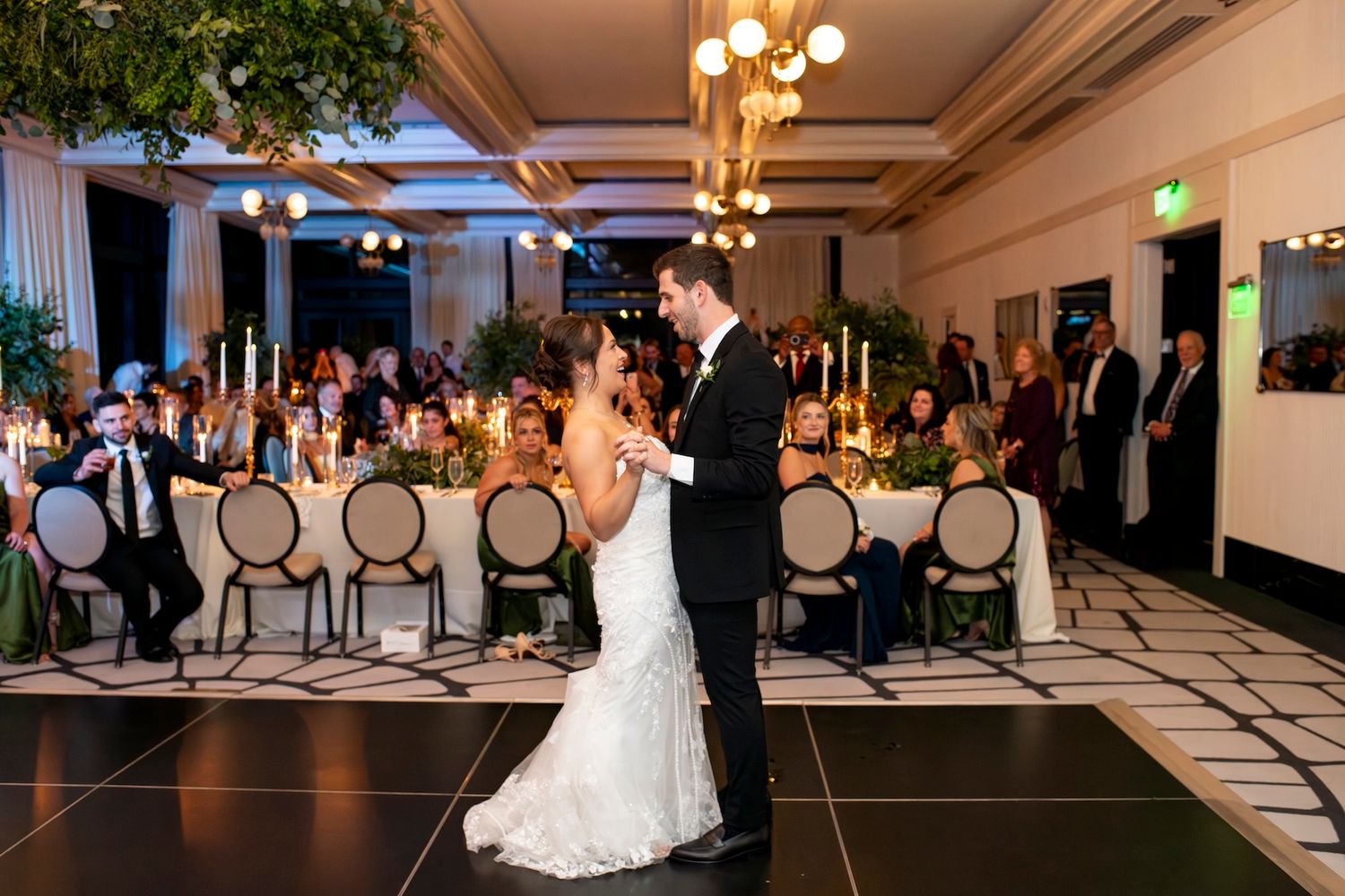 Bride and Groom share first dance at their Perry Lane Hotel wedding reception in Savannah GA