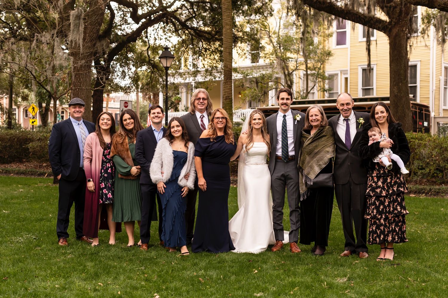 A series of five similar outdoor wedding group photos showing wedding party members gathered on a lawn in formal attire.