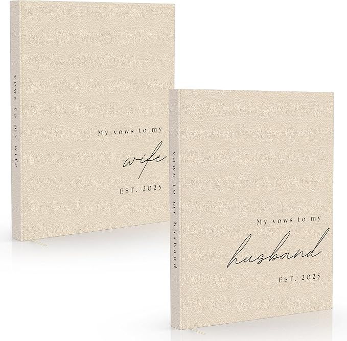 Two beige wedding vow books titled 'My Vows to My Wife' and 'My Vows to My Husband' with elegant script text.
