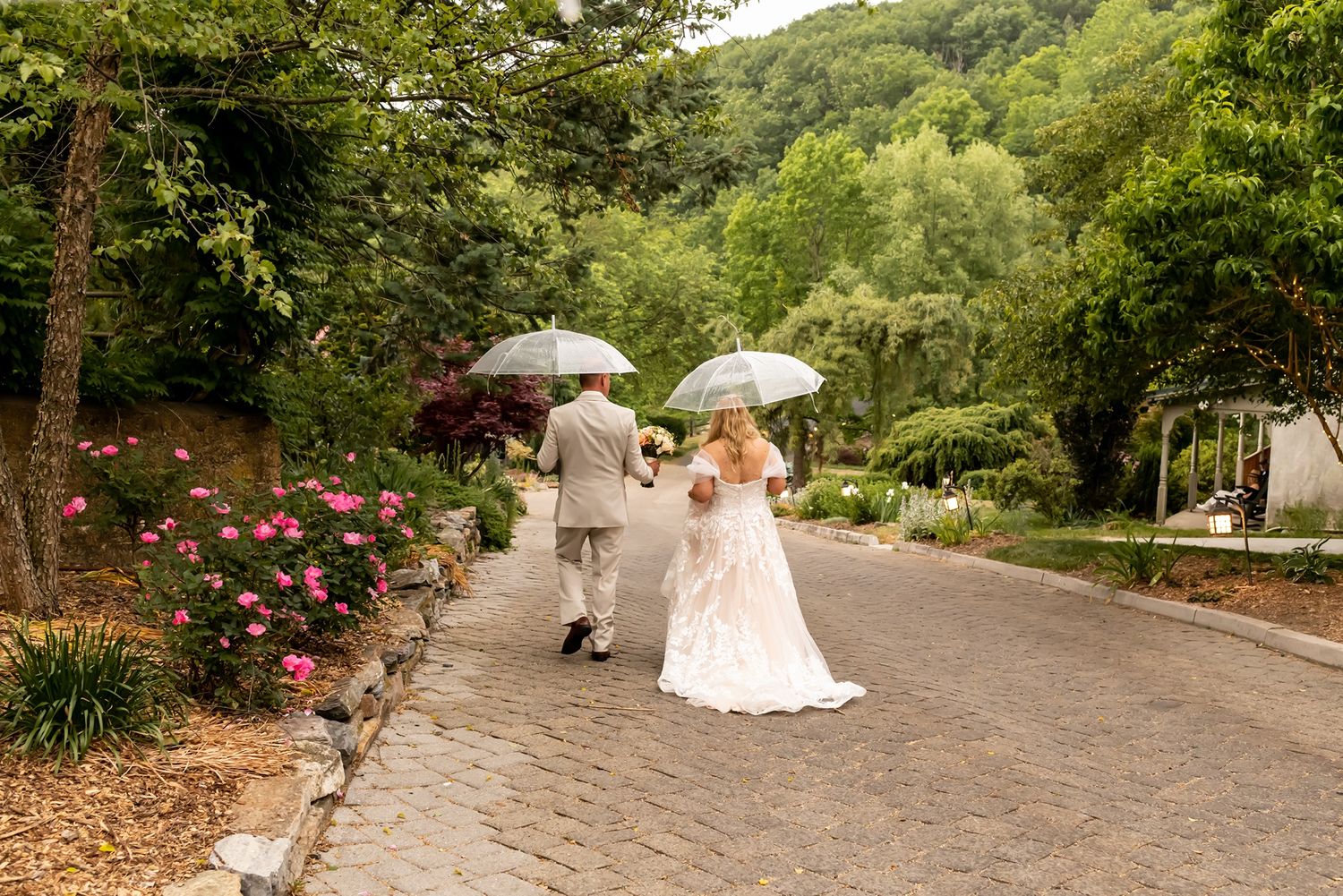 A series of photos showing wedding moments in a lush garden setting with flowering trees and stone pathways.