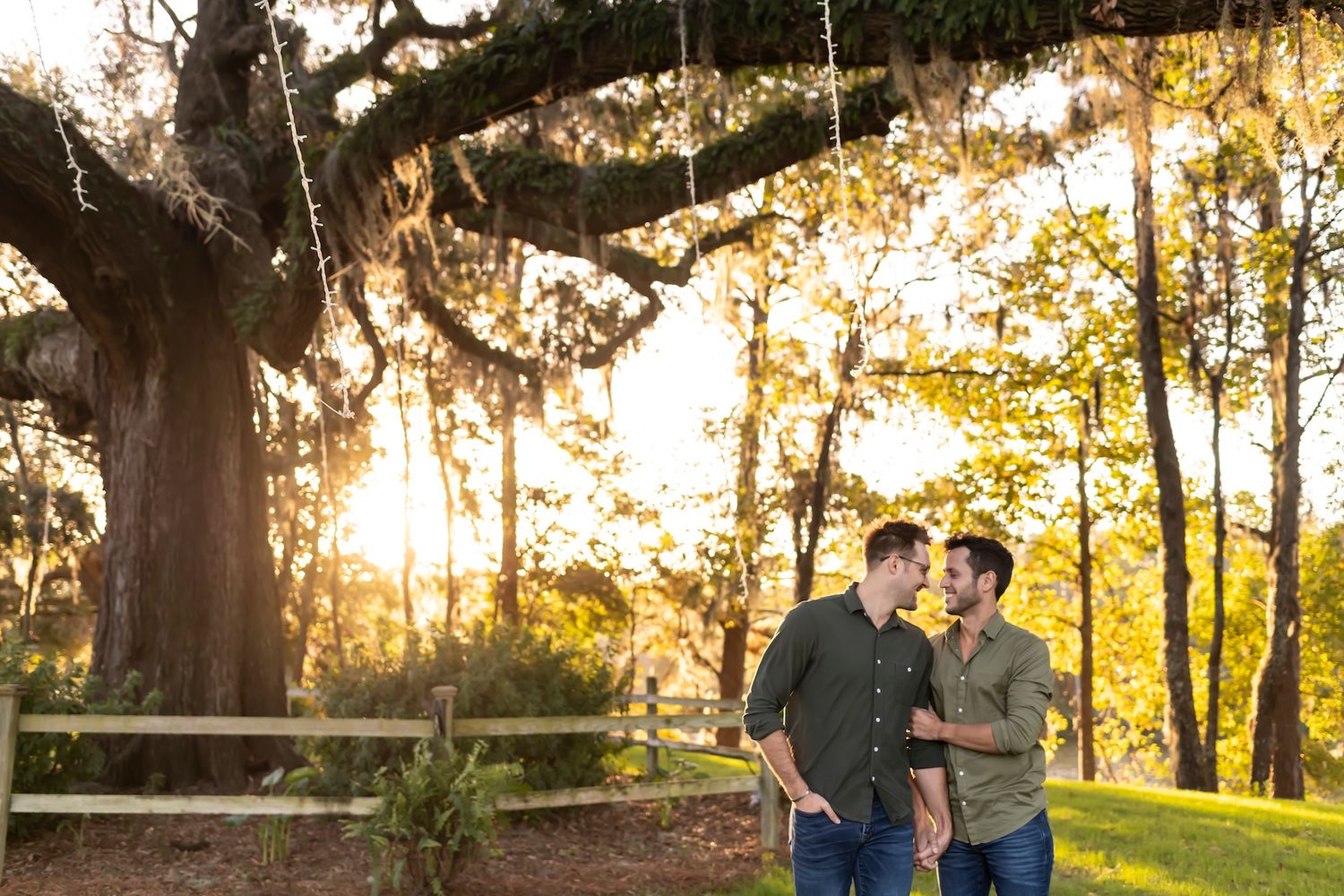 Two men share a romantic moment under a sprawling oak tree with Spanish moss at golden sunset.