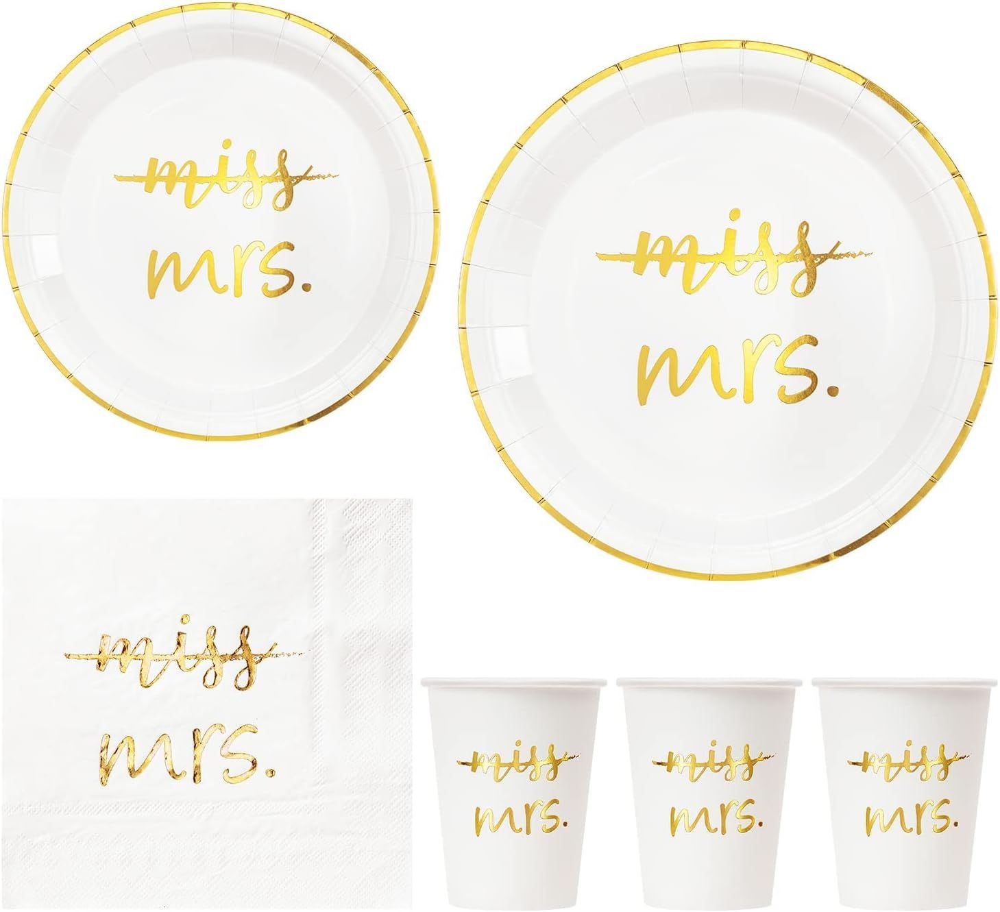 White paper cups with elegant gold handwritten 'Mrs.' text on them lined up in a party or wedding setting.