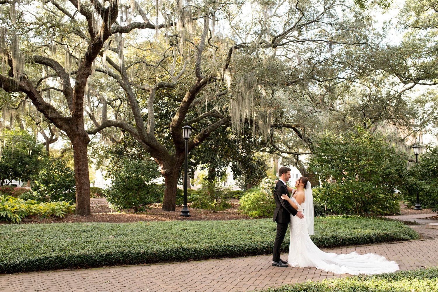Romantic wedding photo sequence captured under majestic oak trees draped in Spanish moss at sunset.