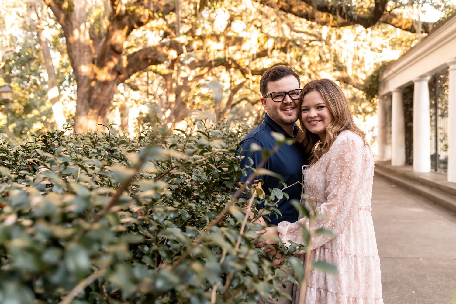 A couple shares a tender moment beside ornamental bushes under golden sunlight filtering through oak trees.