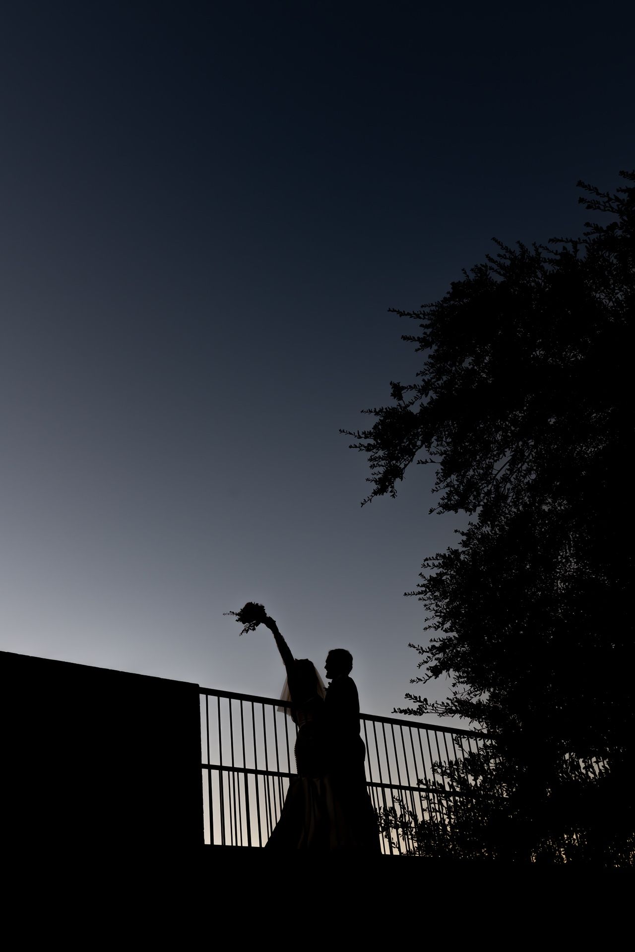 A silhouetted figure stands against a twilight sky behind a railing, creating a dramatic backlit composition.