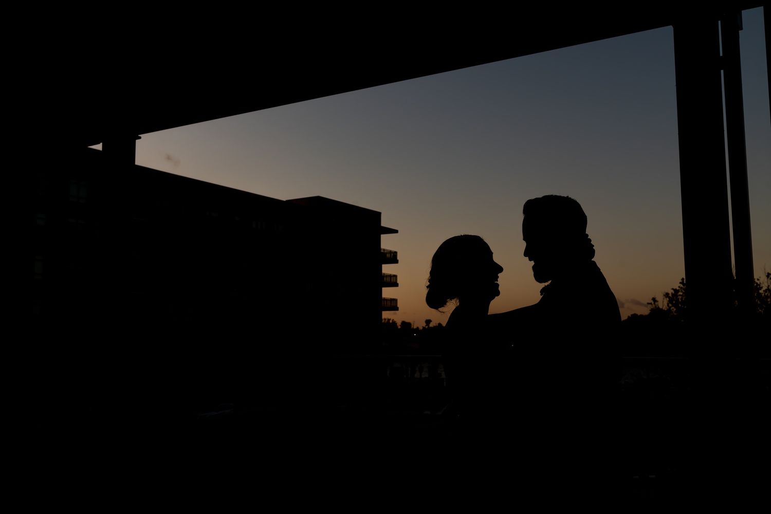 Two silhouettes stand together against a dusky evening sky framed by architectural elements.