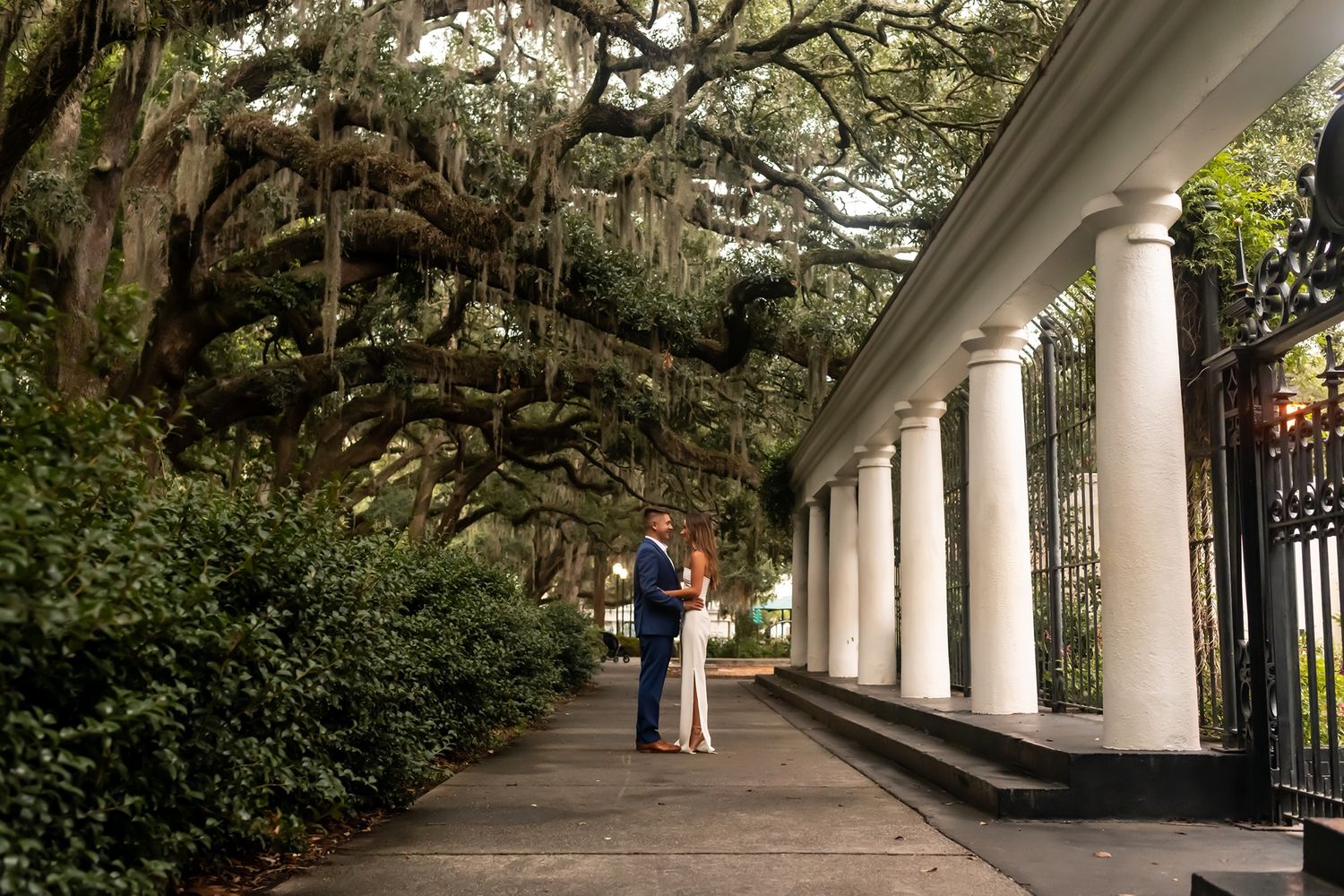 White columned walkway with hanging moss trees creates a romantic garden path for capturing intimate moments.