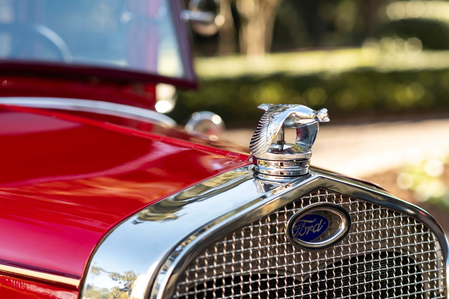 Chrome plated hood ornament and mesh grille on a red vintage Ford automobile in sunlight.