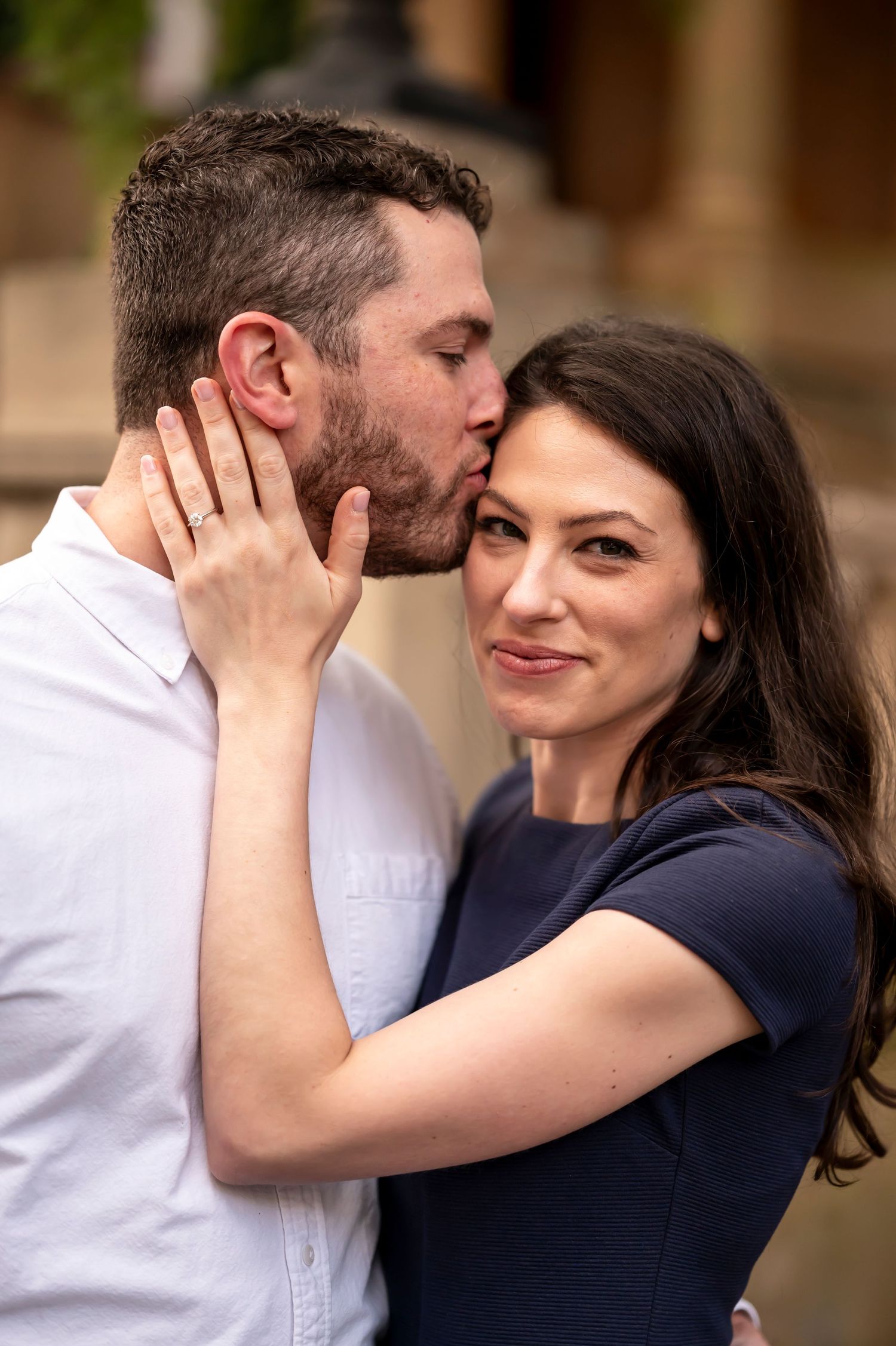 A romantic couple shares a tender moment as they embrace and touch foreheads, shown in a horizontal sequence of photos.