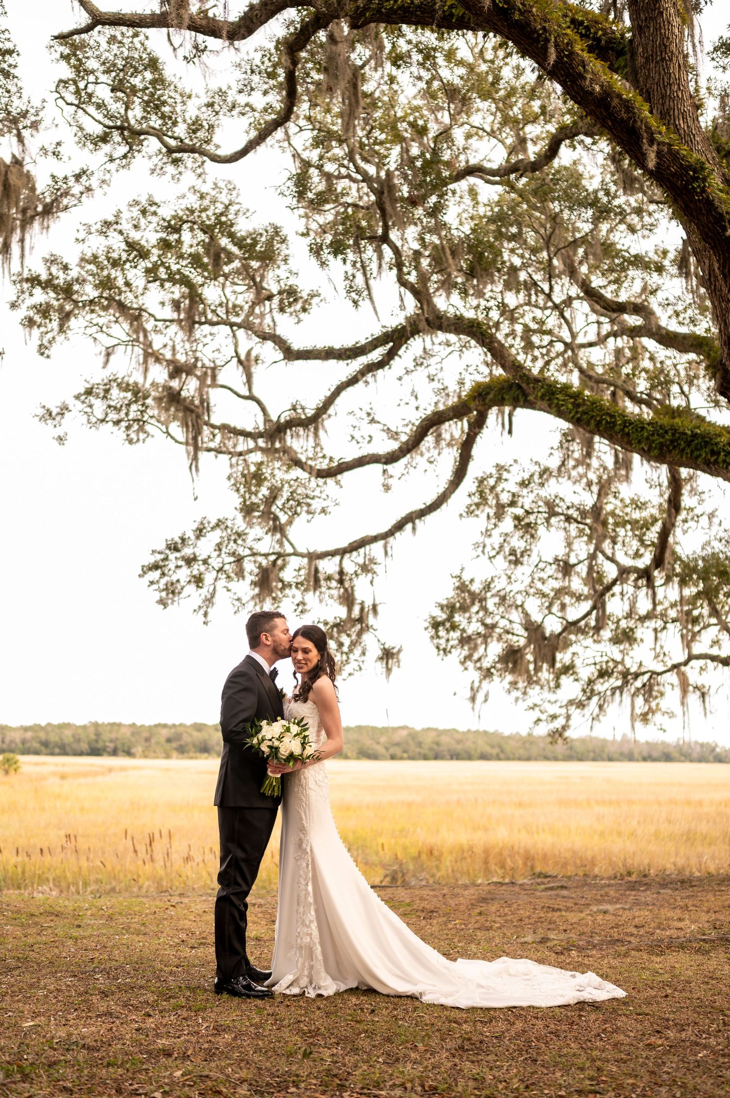 A couple embraces under a majestic Spanish moss draped oak tree in a golden field during sunset.