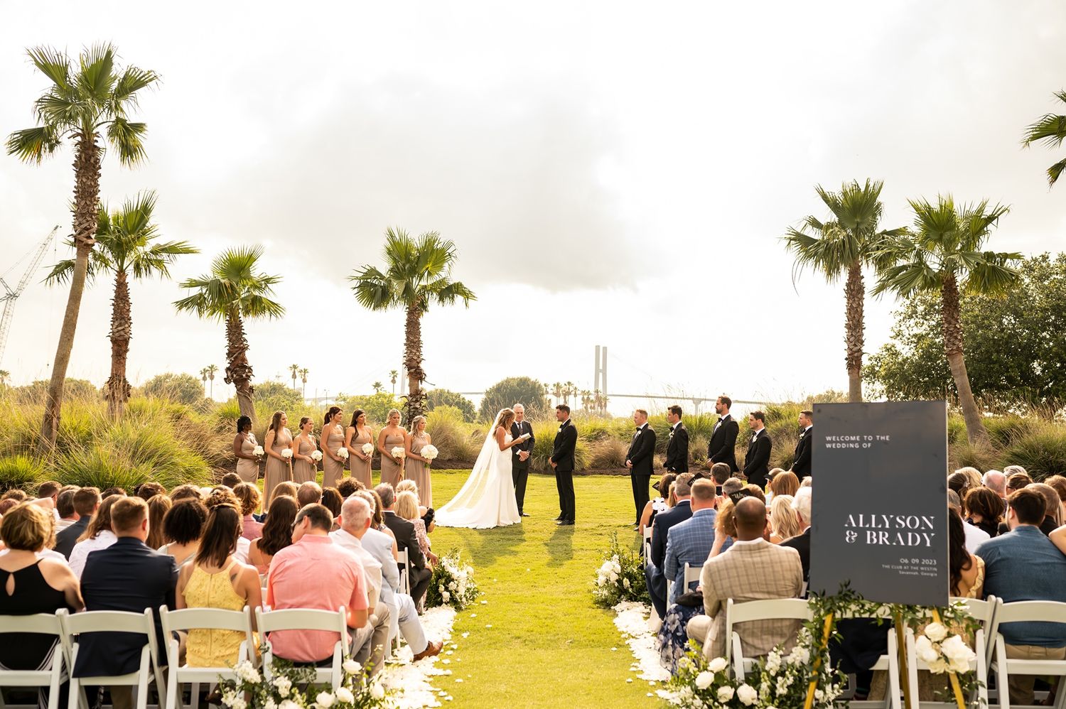 Scenic outdoor wedding setup with white chairs and palm trees overlooking a beautiful coastal landscape.